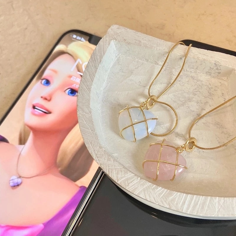 Heart Opal Powder Diamond Castle Necklace