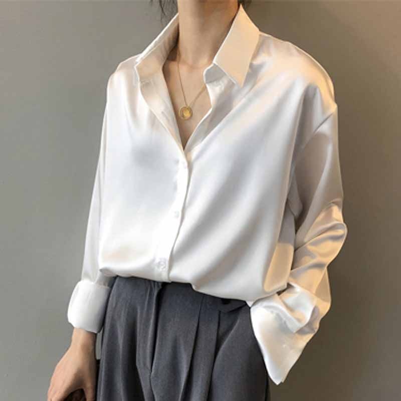 Silk Korean Elegant Button Up Satin Shirt Blouse
