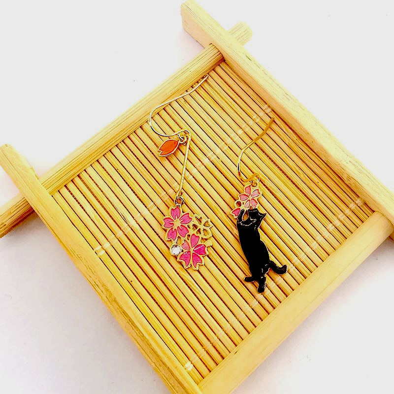 Animal Cat Cherry Blossoms Asymmetrical Earring Party Kitten Jewelry Gifts