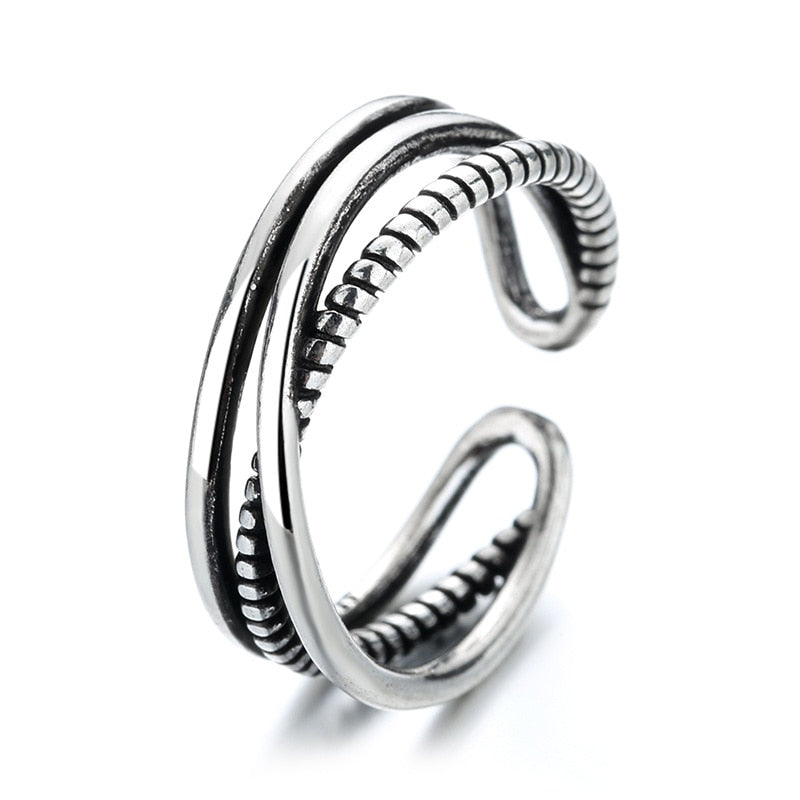 VENTFILLE 925 Sterling Silver Wave Light-shaped Solid Double-layer Ring