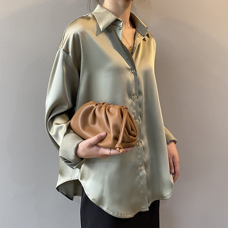 Silk Korean Elegant Button Up Satin Shirt Blouse