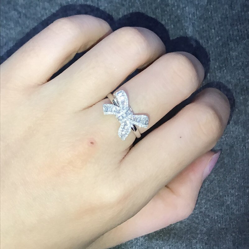 Silver Color Bowknot Bow Knot Bling Zircon Stone Ring
