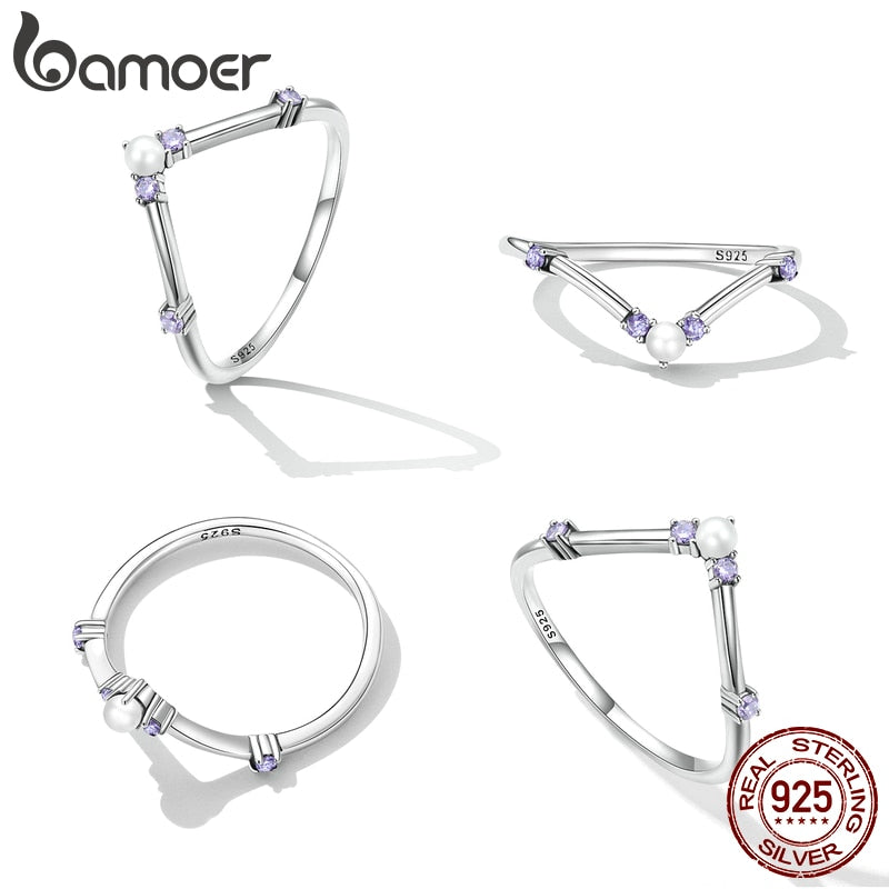 Bamoer 925 Sterling Silver Shell Bead Star Shining Purple Gem Ring