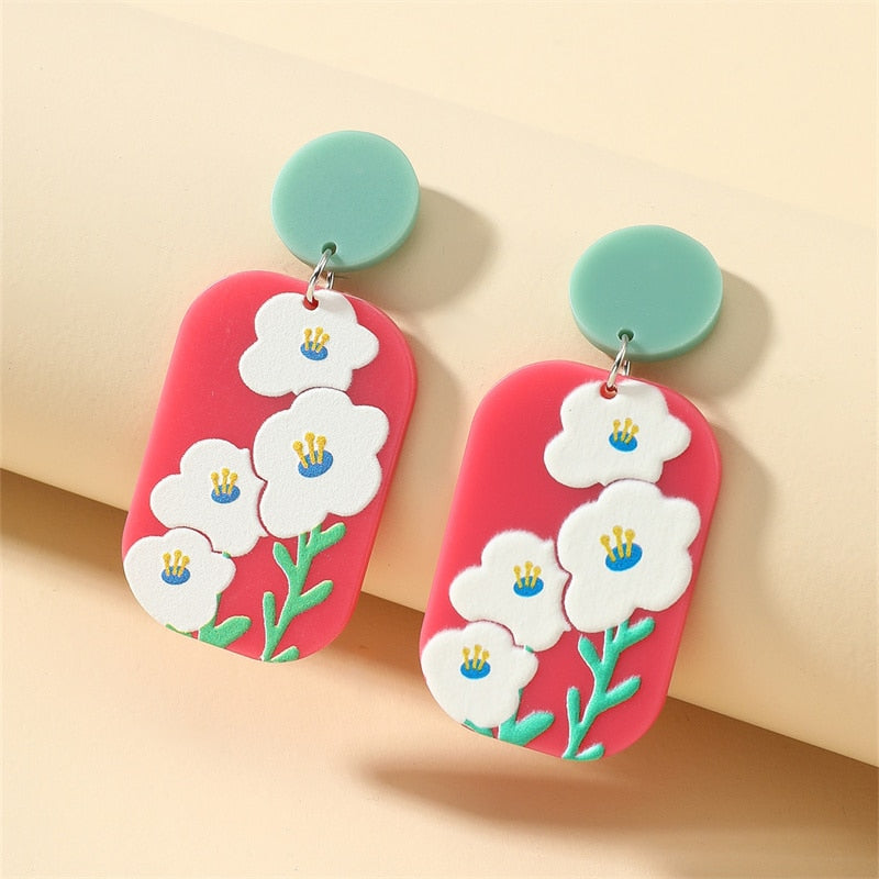 Retro Acrylic Flower Temperament Contrast Color Square Earrings