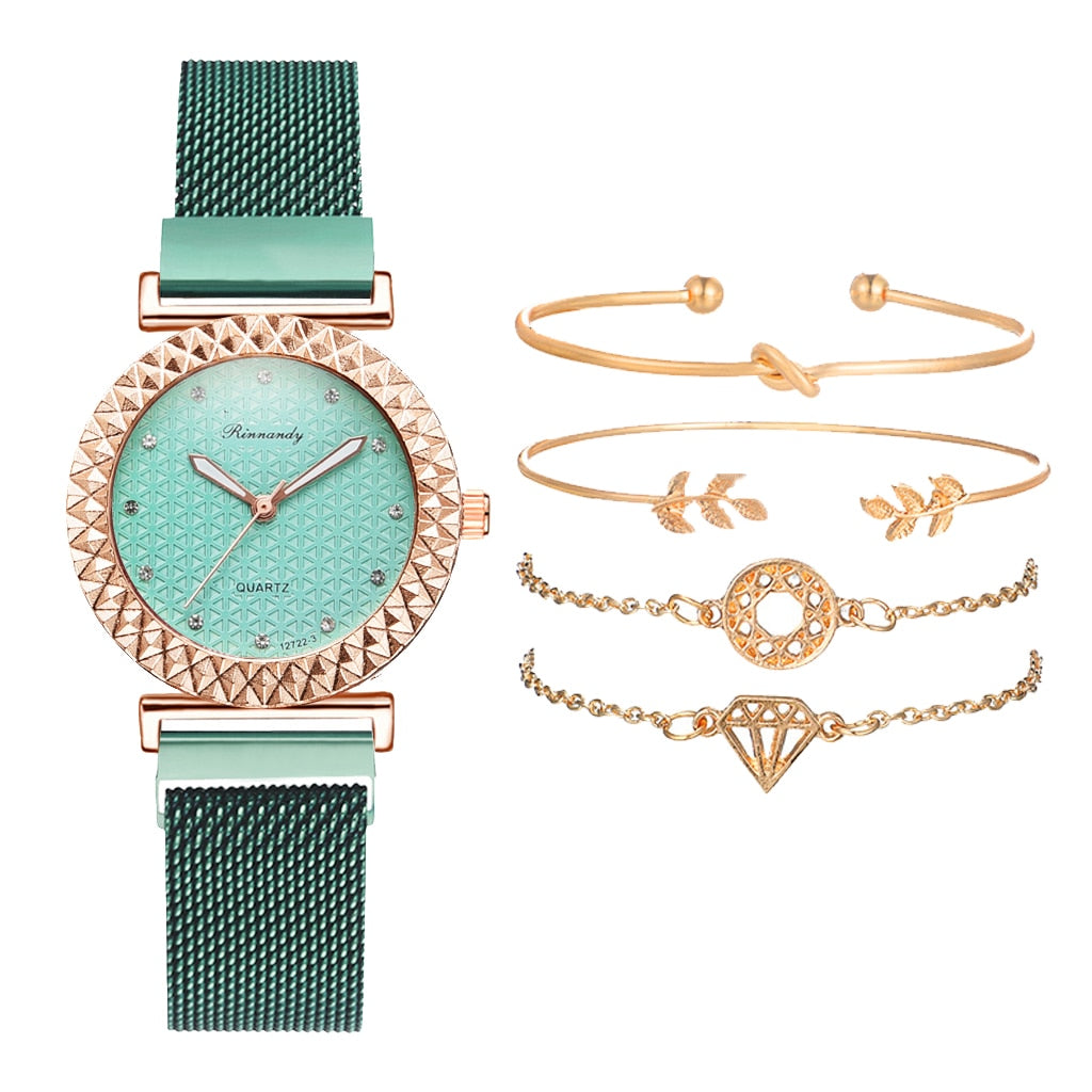 5PCS Women Set Luxury Rose Gold Dress Quartz Watch Bracelet