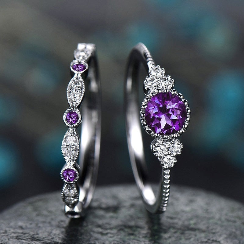 2Pcs/Set Classic Silver Plated Cut Created Birthstone Delicate Ring