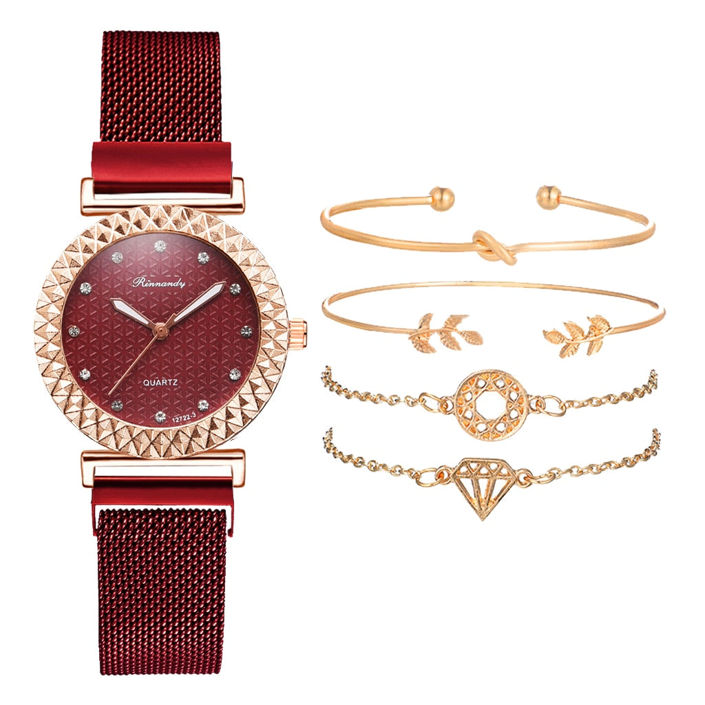 5PCS Women Set Luxury Rose Gold Dress Quartz Watch Bracelet