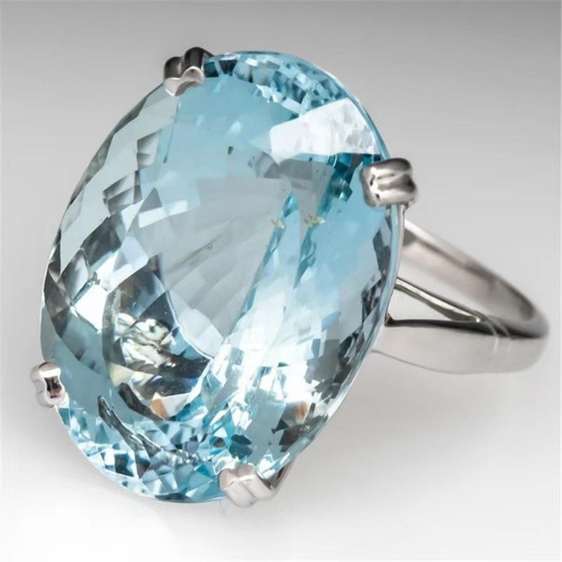 Classic Natural Blue Crystal Oval Ring for Women Simple Large Topaz Ring