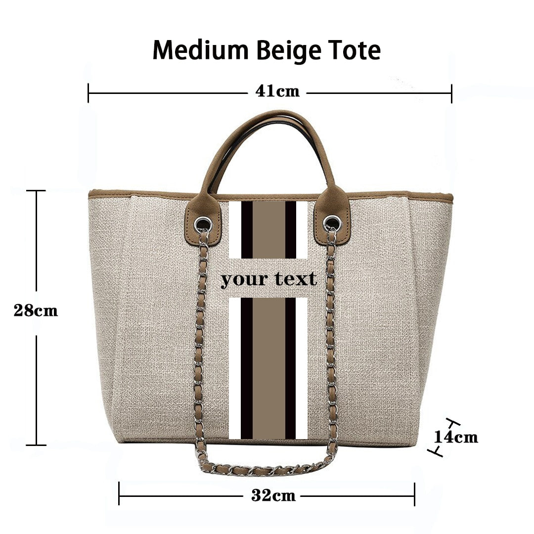Customised Chain Handbag White Stripe Initials Canvas Tote Bag