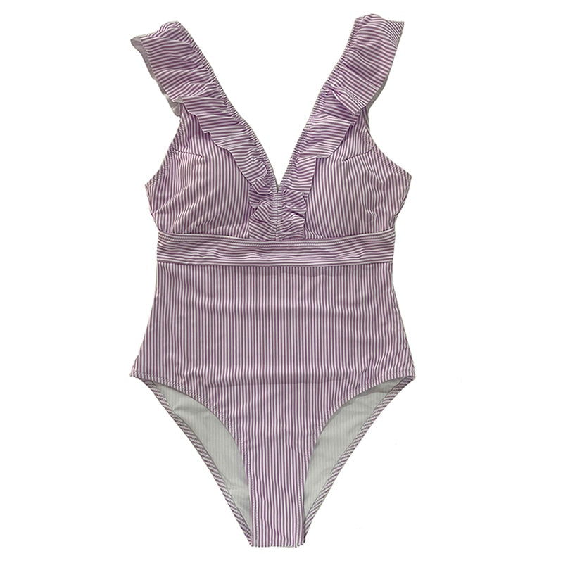 One Piece Striped Ruffled Vintage Print Swimsuit