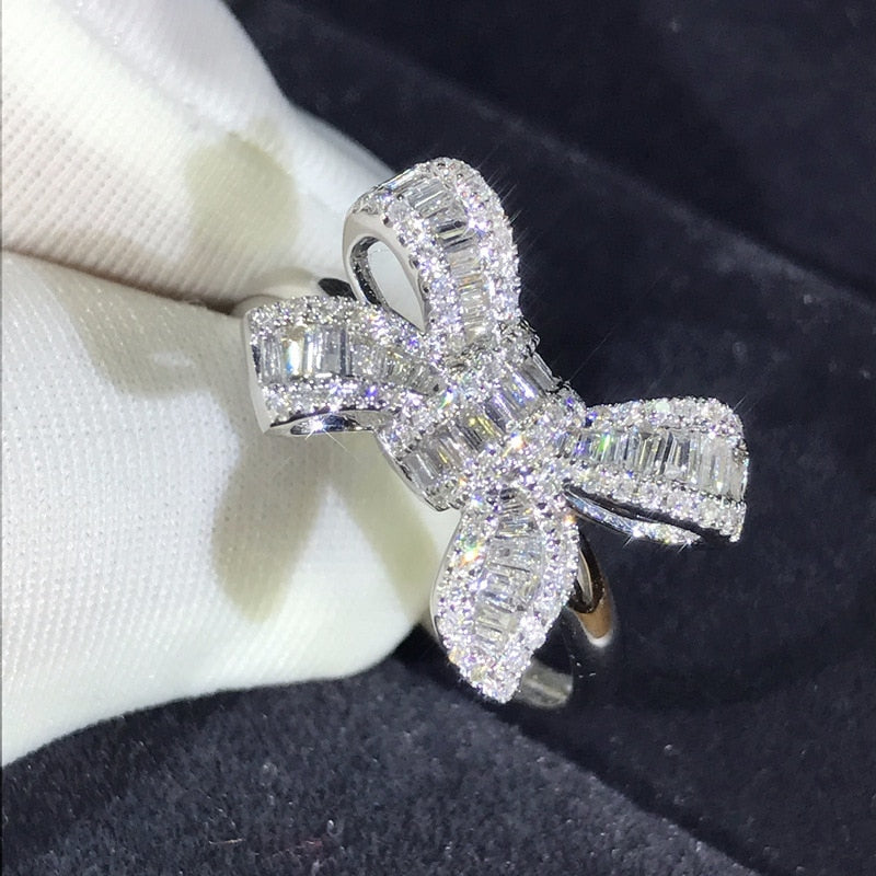Silver Color Bowknot Bow Knot Bling Zircon Stone Ring