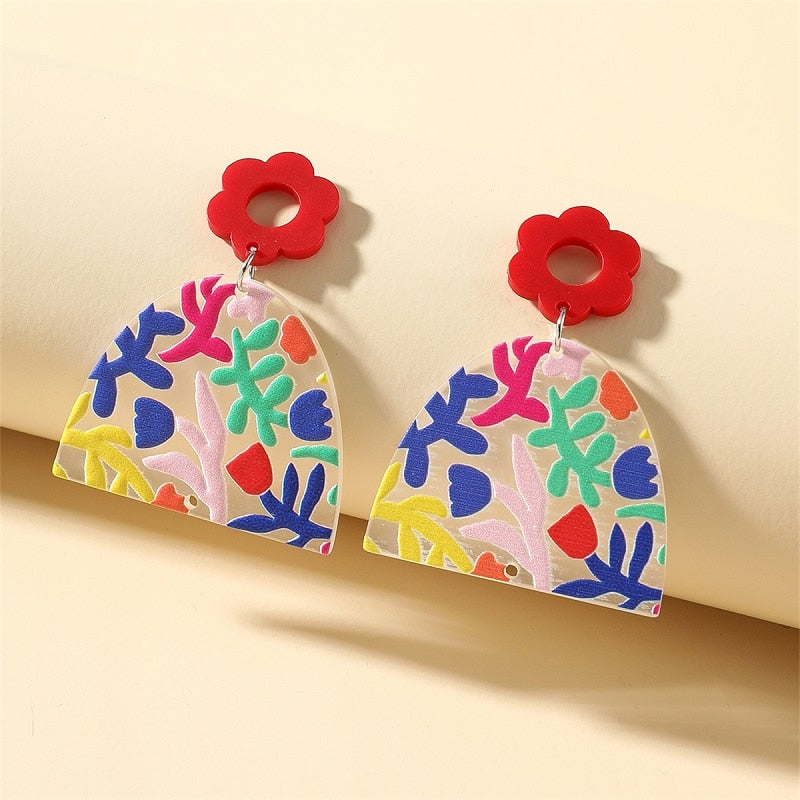 Retro Acrylic Flower Temperament Contrast Color Square Earrings