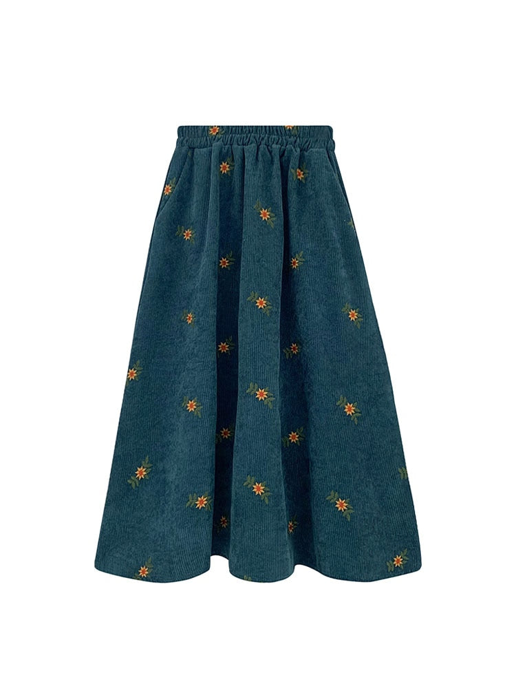 Korean Style High Waist Corduroy Embroidery Loose Floral A-line Long Skirt