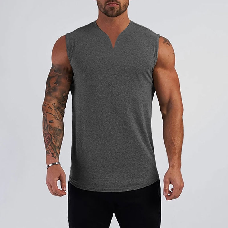 Plain Cotton V-neck Fitness Tank Top Men