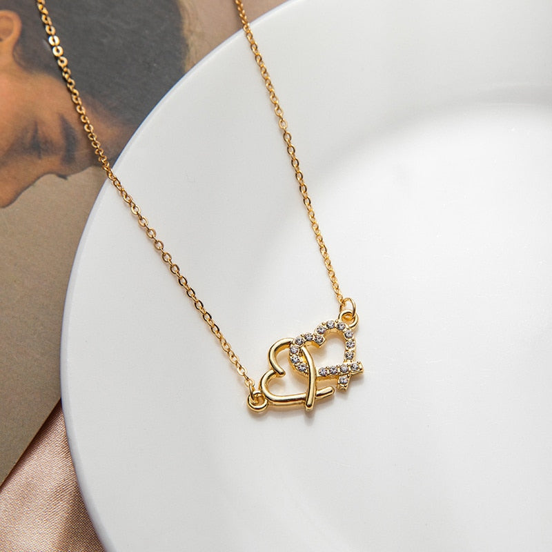 Shiny Bling Zircon Double Layer Heart Clavicle Chain  Necklace