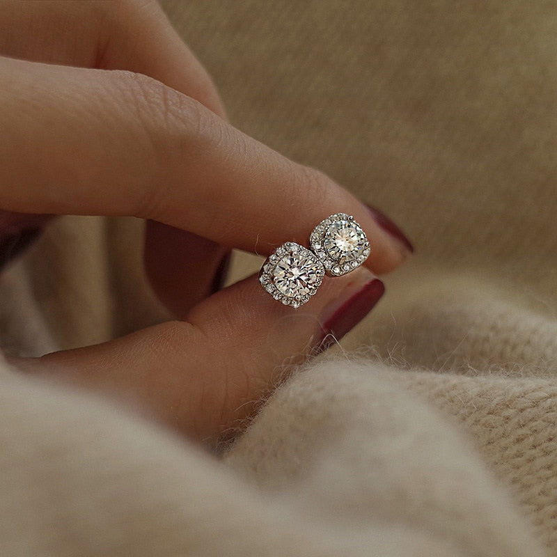 925 Silver Needle Simple Shiny Zircon  Gold Plating  Earrings