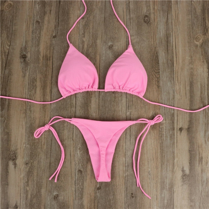 Summer Sexy Solid Color Bikini Sets Women Tie Side G-String Thong Swimsuit