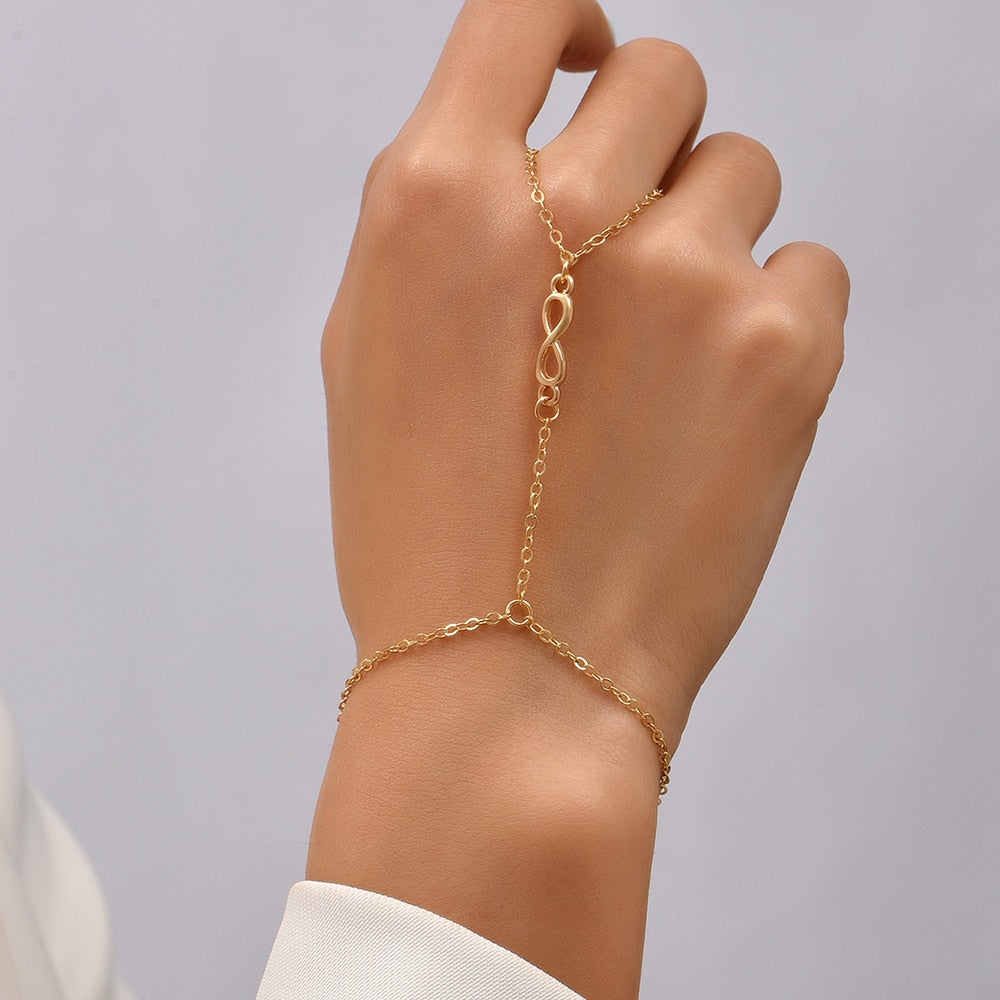 Simple Link Connected Gold plated Wide Finger Ring Bracelet