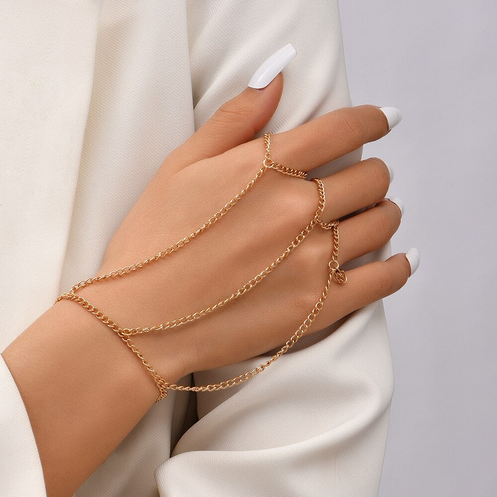 Simple Link Connected Gold plated Wide Finger Ring Bracelet