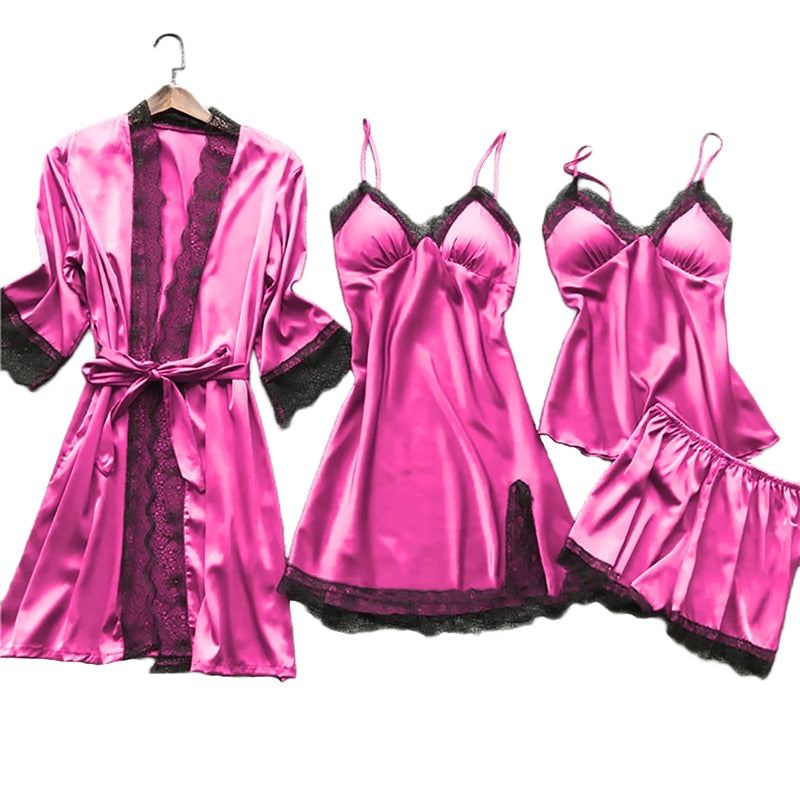 Silk 4-piece Nightwear Ladies Solid Color Strap Lace Pajamas with Chest Pads
