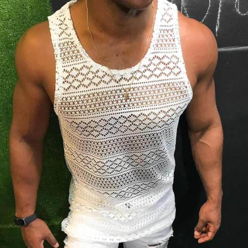 Lace Hollow Out Slim Fit Sleeveless Shirt