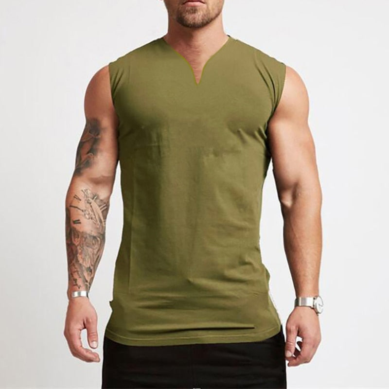 Plain Cotton V-neck Fitness Tank Top Men
