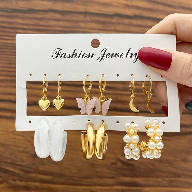 17KM Vintage Geometric Gold Plated Metal Earrings Set