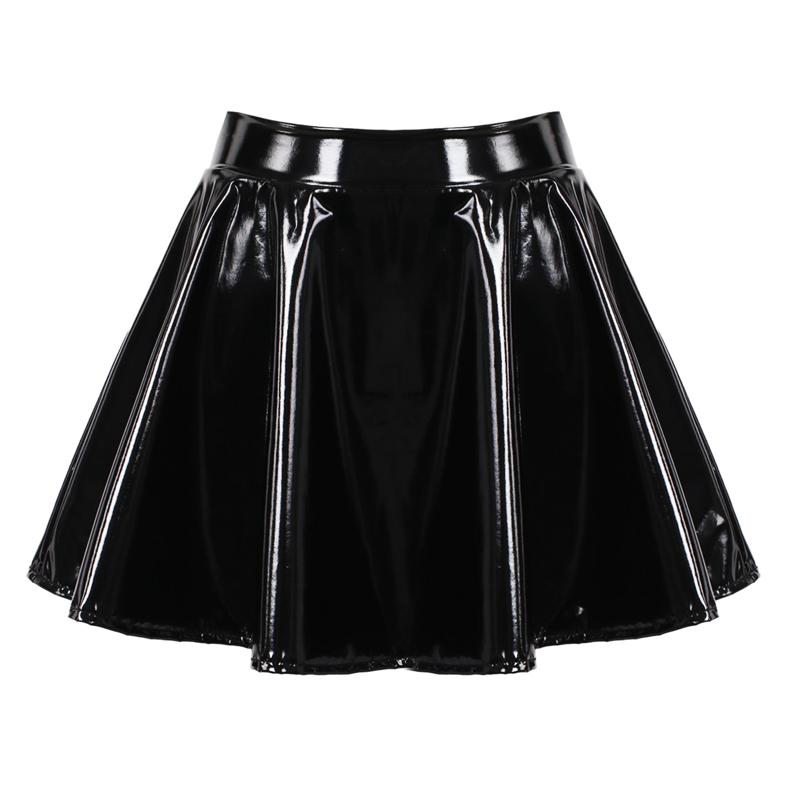 Womens Invisible Zipper A-Line Short Glossy Patent Leather Flared Mini Skirt