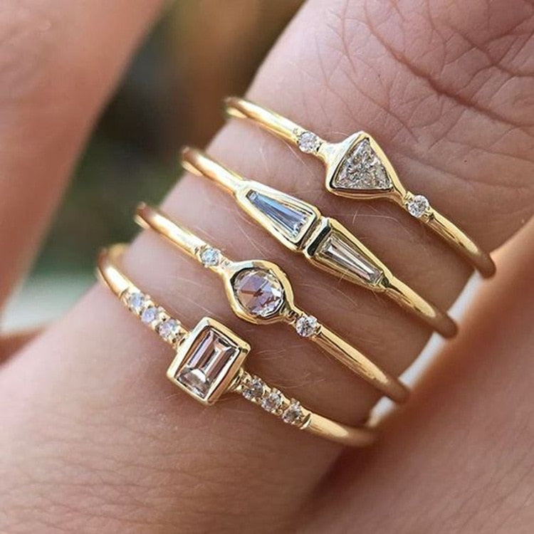 4 pcs/set Geometric Gold Color Combination Round Zircon Crystal Ring