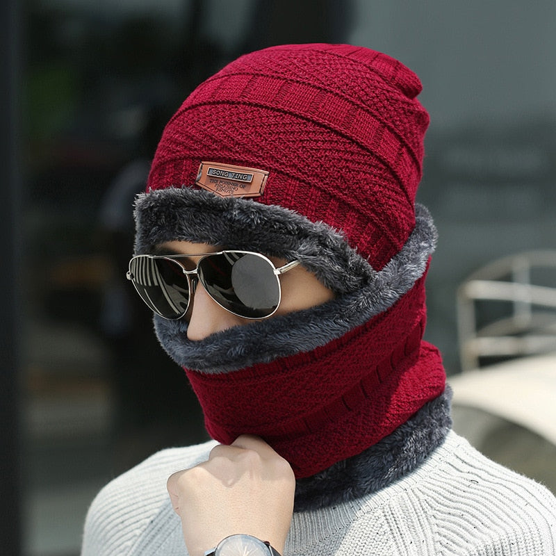 Thick Wool Neck Scarf Cap Balaclava Mask Bonnet Hats Set Unisex