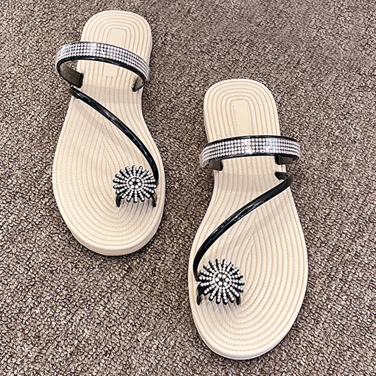 Pearl Set Toe Elastic Sandals Flat Strap Slippers