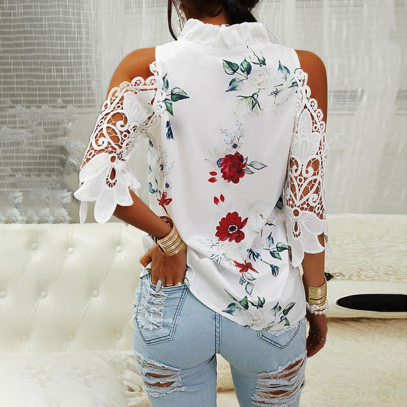 Sexy Hollow Out Printed V-Neck Elegant Short Sleeve Lace Shirt