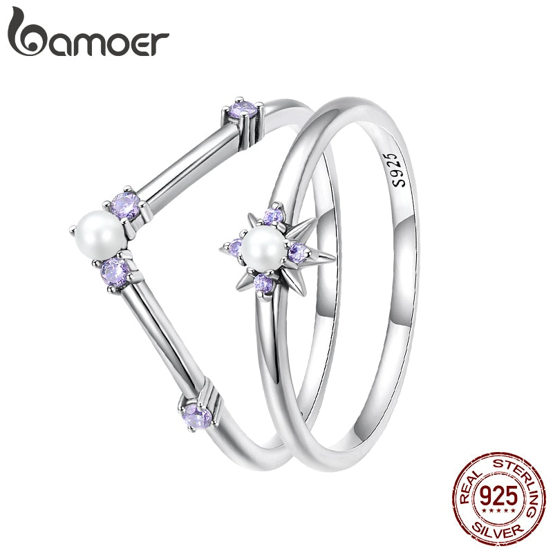 Bamoer 925 Sterling Silver Shell Bead Star Shining Purple Gem Ring