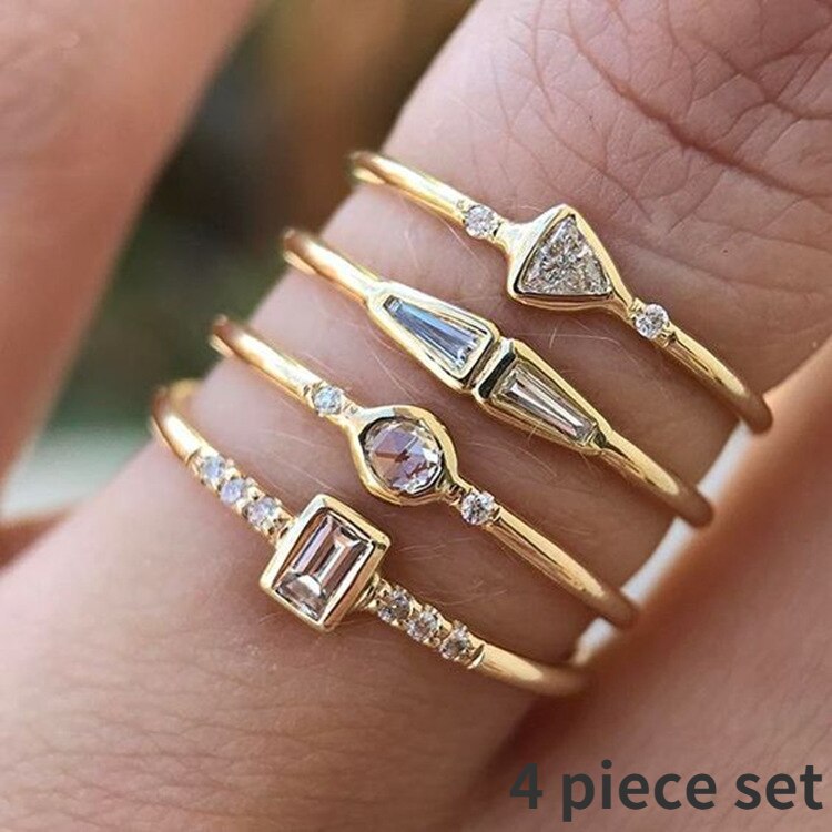 4 pcs/set Geometric Gold Color Combination Round Zircon Crystal Ring