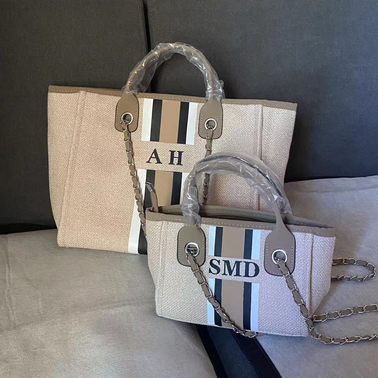 Customised Chain Handbag White Stripe Initials Canvas Tote Bag