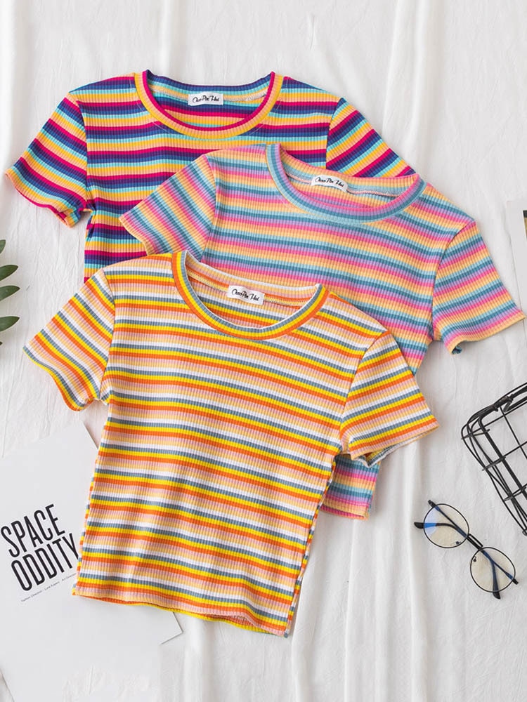 New T Shirt Women Rainbow Striped Tops Slim Fit t shirt