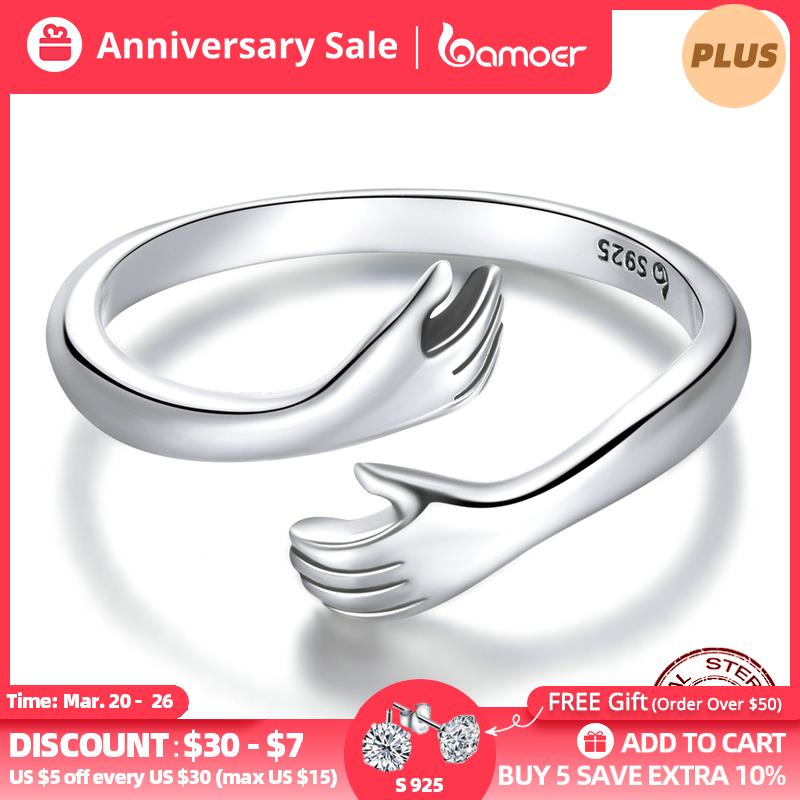 bamoer 925 Sterling Silver Hug Warmth and Love Hand Adjustable Ring