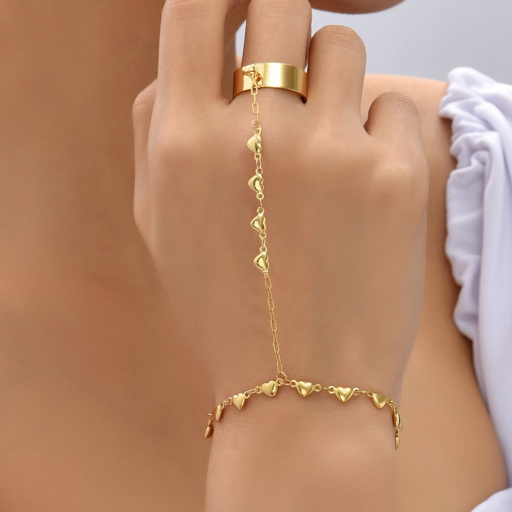 Simple Link Connected Gold plated Wide Finger Ring Bracelet