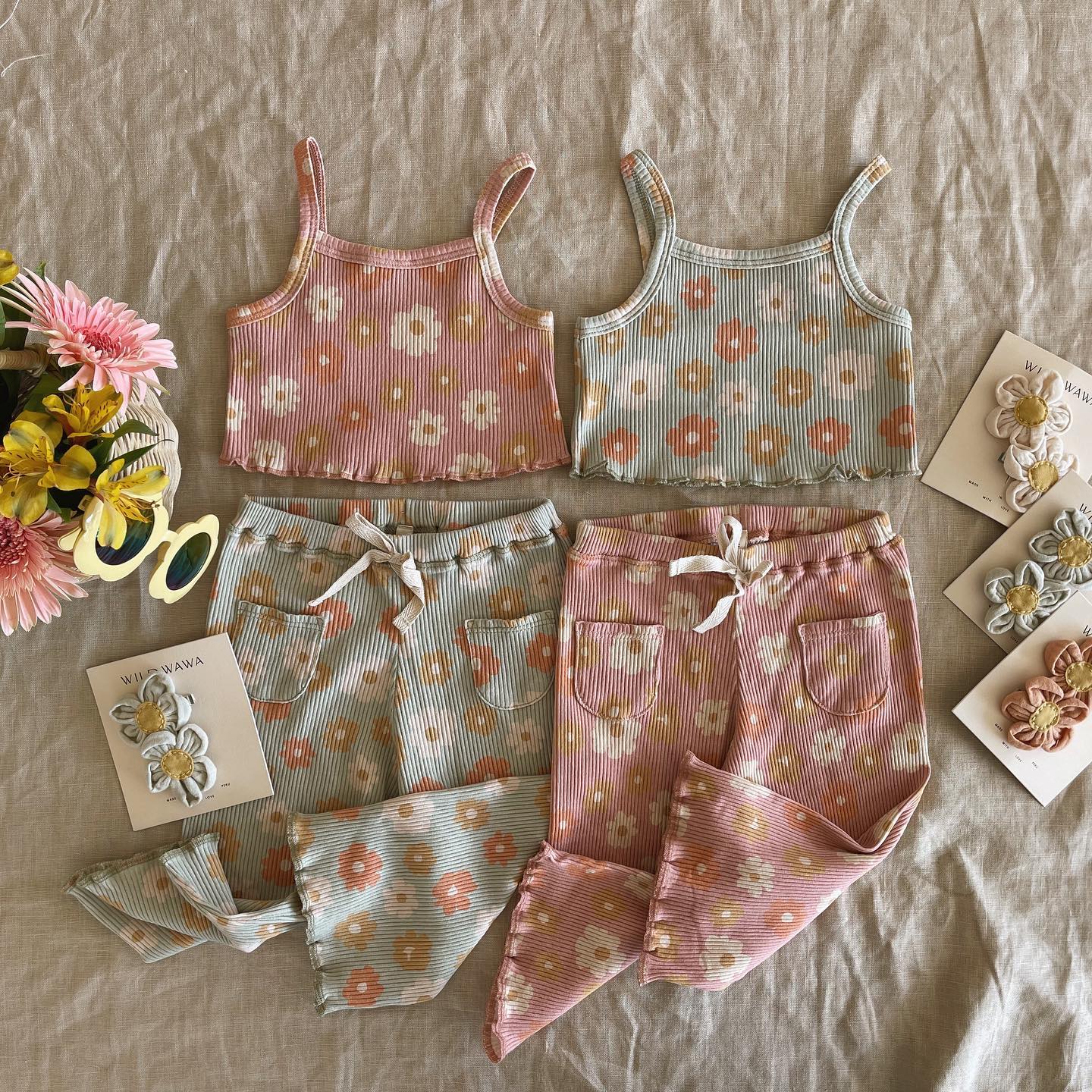 Lovely Children Summer Clothing Sets Ribbed Floral Print Sleeveless Tanks Tops+Elastic Waist Pocket Long Pants Casual Outfits