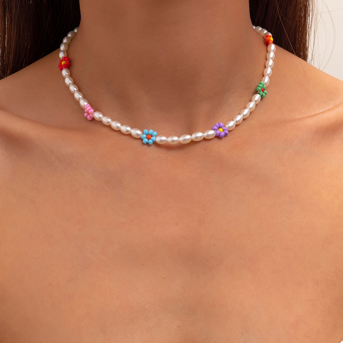 Salircon Trend Bohemia Rainbow Color Seed Beads Chain Choker Necklace