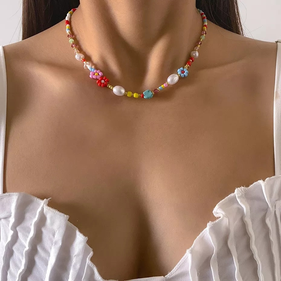 Salircon Trend Bohemia Rainbow Color Seed Beads Chain Choker Necklace