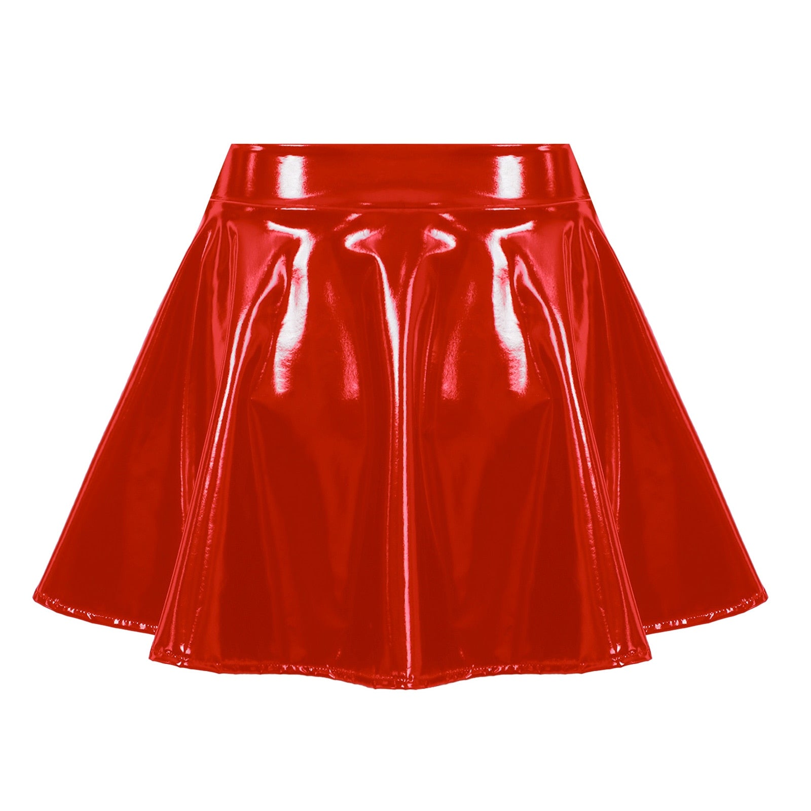 Womens Invisible Zipper A-Line Short Glossy Patent Leather Flared Mini Skirt