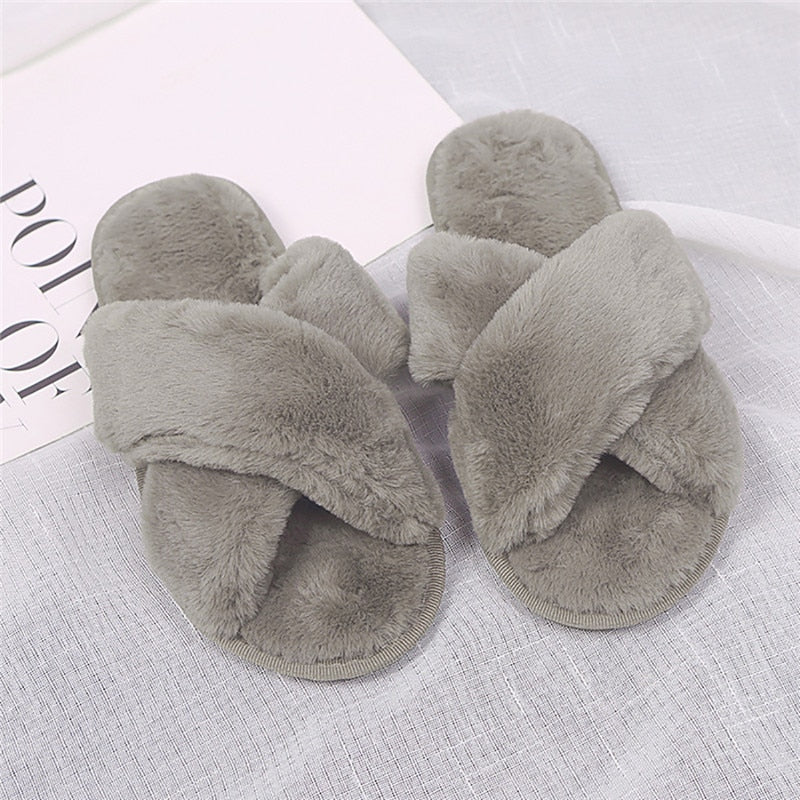 Furry Slippers Soft Plush Cross Faux Fur Shoes