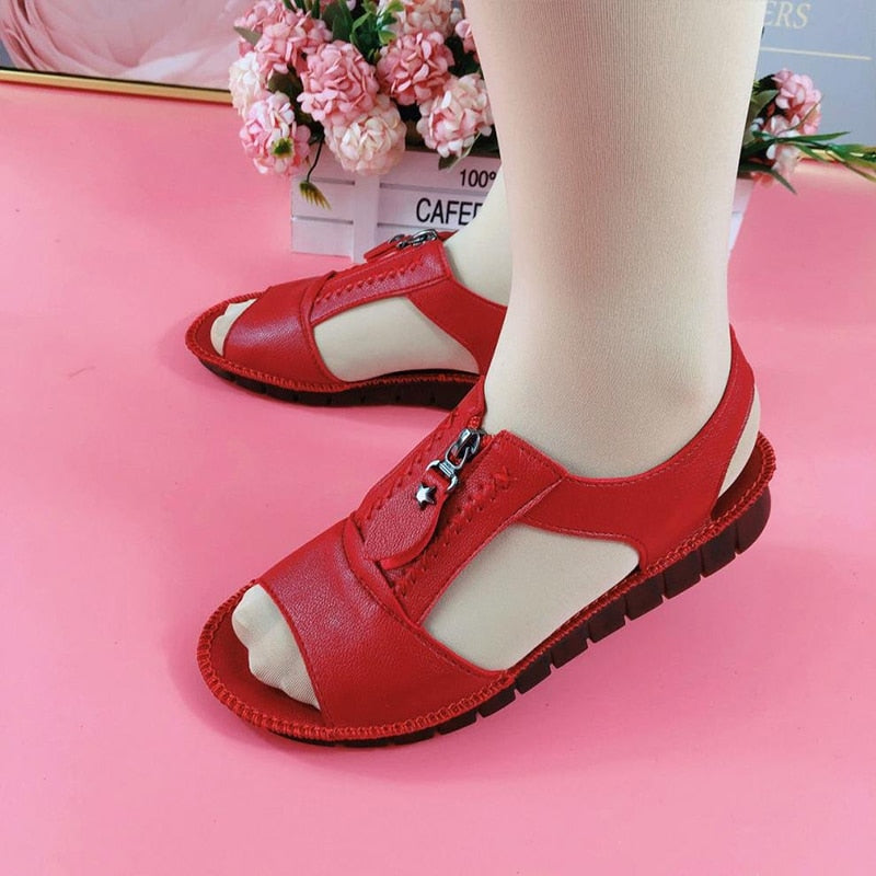 Summer Shoes for Women Sandals Pu Leather Comfort Mother Shoes Zipper Flat Solid Color Plus Size Fashion Sandalias De Mujer