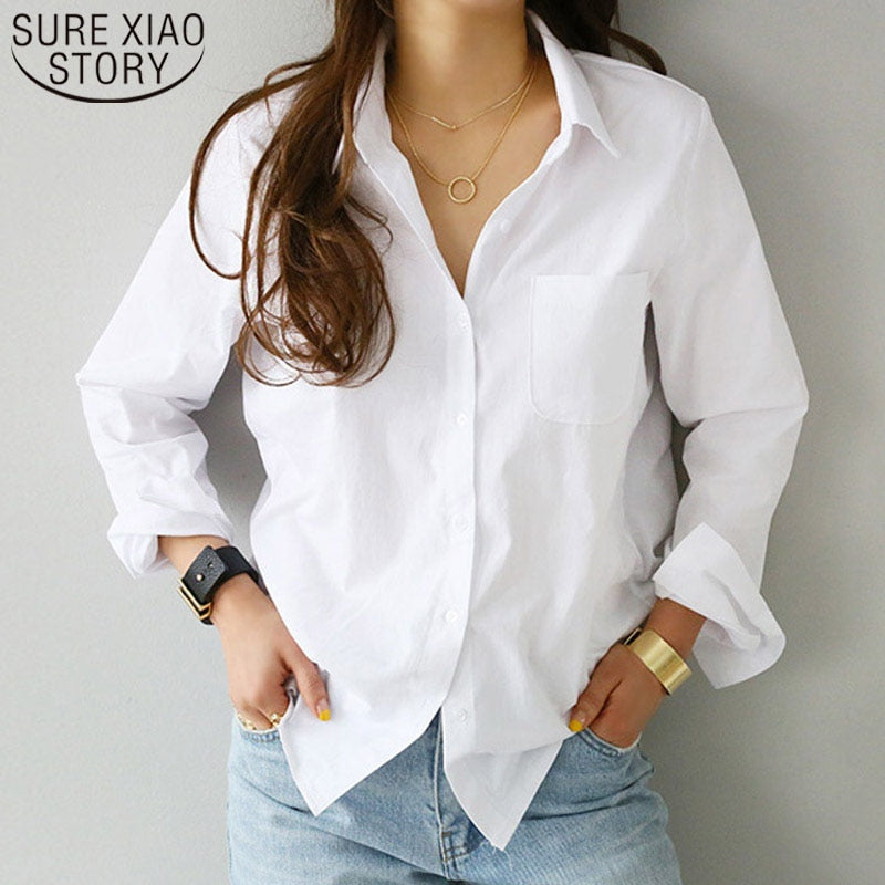 Feminine Blouse Long Sleeve White Turn-down Collar OL Style Loose Blouse
