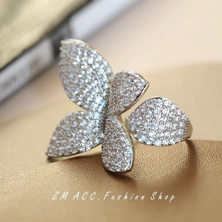 Big Silver Color Flower Leaf Adjustable Ring with Bling Zircon Stone