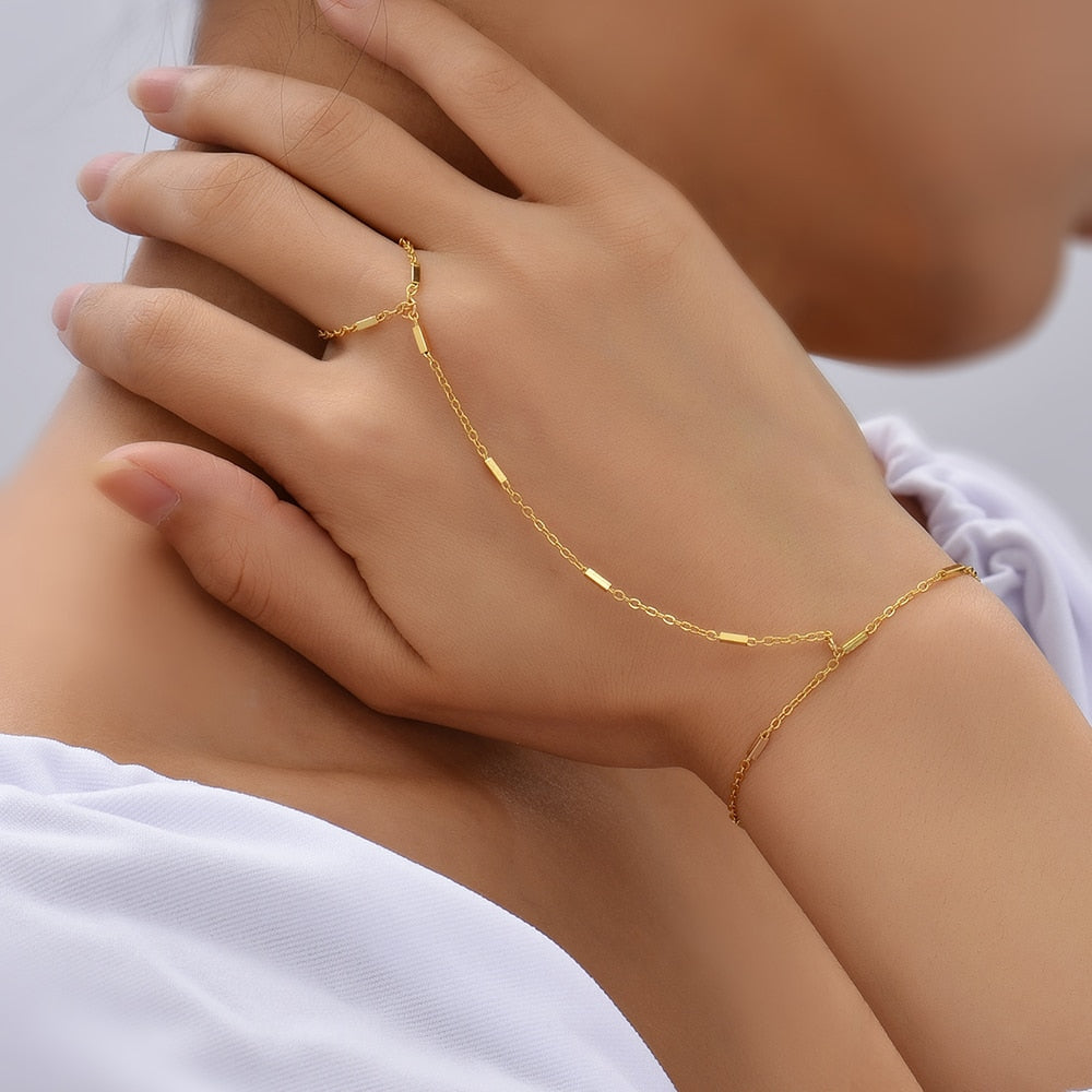 Simple Link Connected Gold plated Wide Finger Ring Bracelet