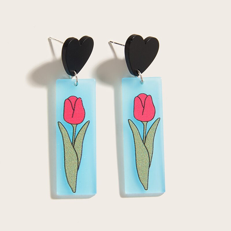 Retro Acrylic Flower Temperament Contrast Color Square Earrings