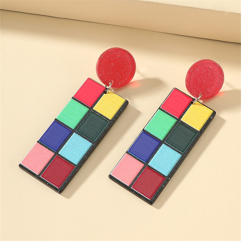 Retro Acrylic Flower Temperament Contrast Color Square Earrings