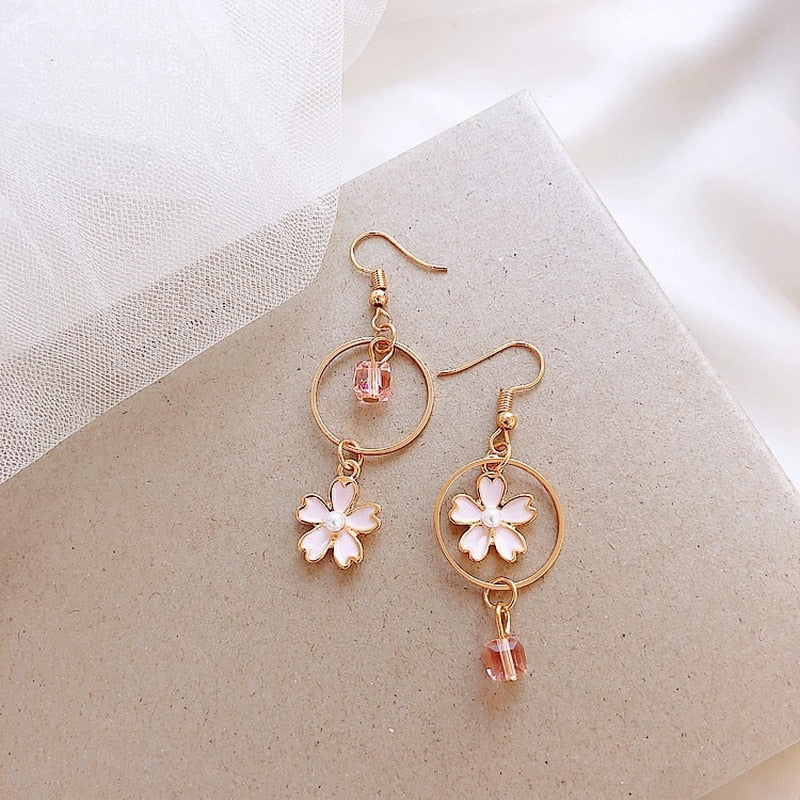 Animal Cat Cherry Blossoms Asymmetrical Earring Party Kitten Jewelry Gifts